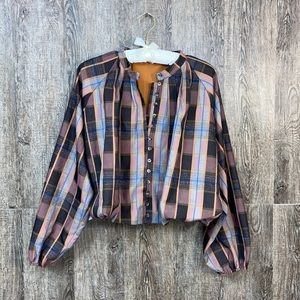BTFL-Life Clothing metallic plaid cropped long sleeve top